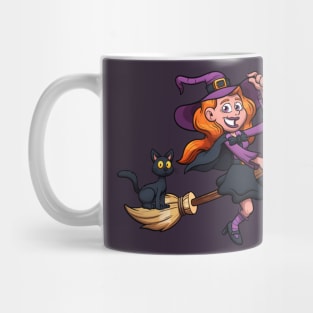 Cute Witch On Broom With Black Cat Mug